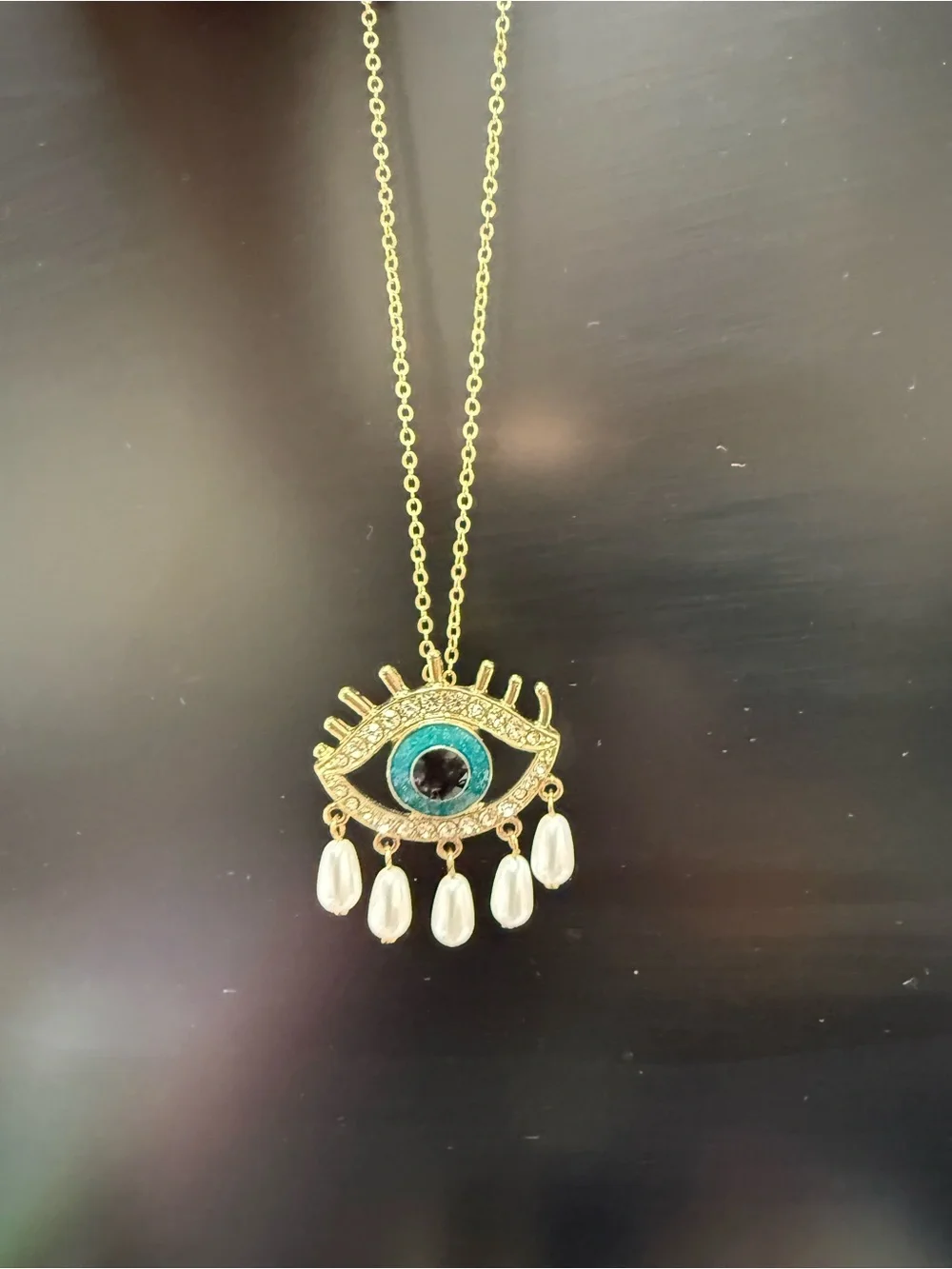 Gold-Tone Teal Green Evil Eye Necklace & Earrings Set with Pearl Drops